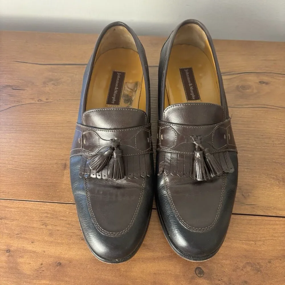 Johnston & Murphy Mens 10.5 M Brown Black Two-Tone Leather Tassel Kiltie Loafers